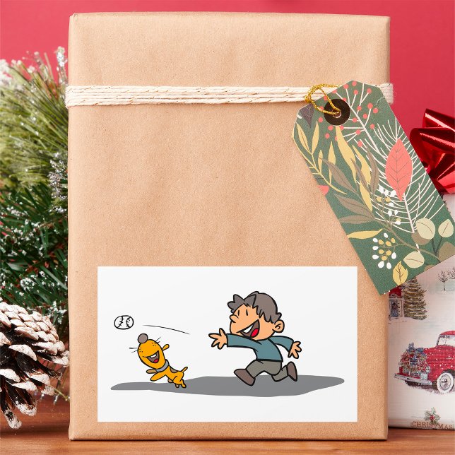 Sticker Rectangulaire Dessin amusant garçon et chien Jouer aller cherche (Créateur téléchargé)