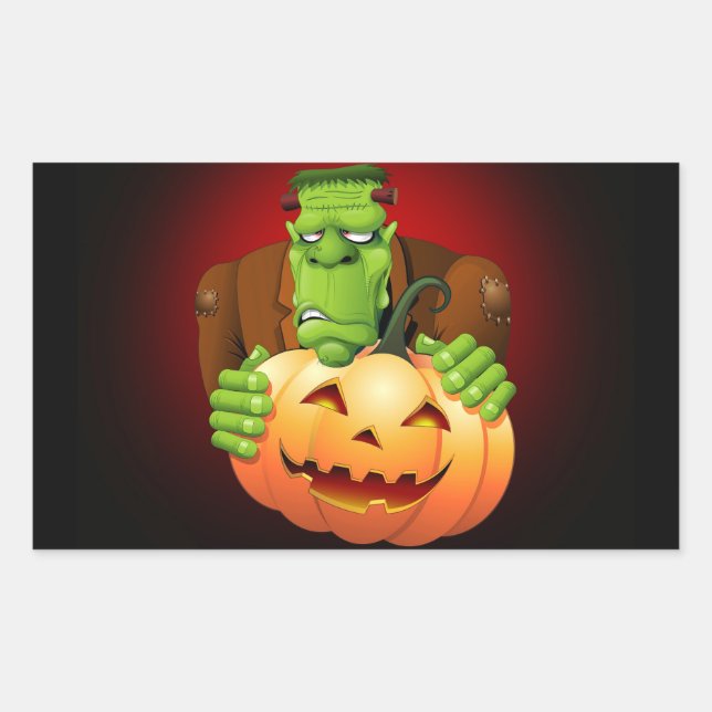 Sticker Rectangulaire Dessin de Frankenstein Monster avec Citrouille (Devant)