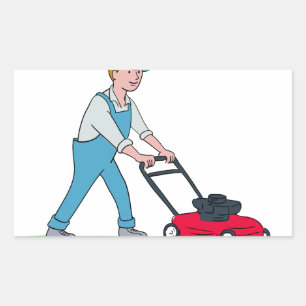 Sticker Rectangulaire Dessin du jardinier de sciage de pelouse