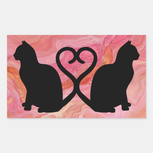 Sticker Rectangulaire Deux chats - Tails cardiaques sur marbre rose (Devant)