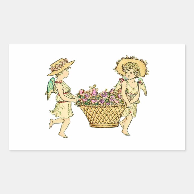Sticker Rectangulaire Deux Cherubs Portant Des Fleurs (Devant)
