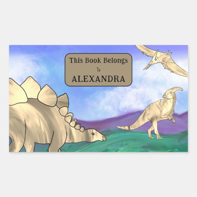 Sticker Rectangulaire Dinosaure Ce Livre Appartient Au Nom Des Enfants (Devant)