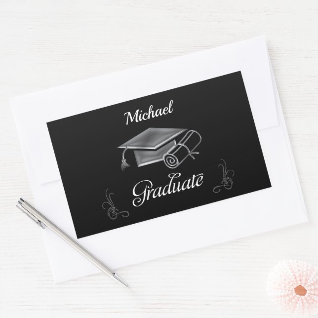 Sticker Rectangulaire Diplôme Noir & Argent, Casquette & Diplôme (Enveloppe)