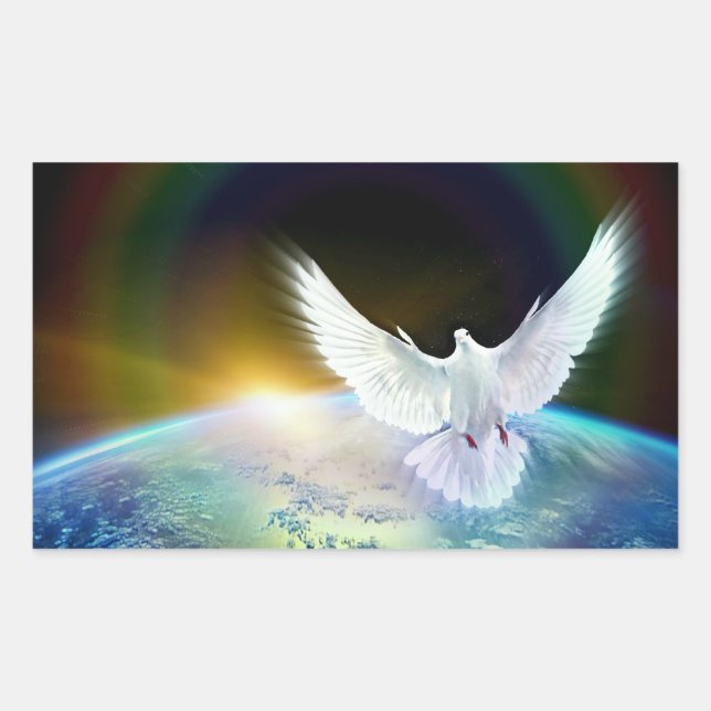 Sticker Rectangulaire Dove of peace holy spirit over earth with Rainbow. (Devant)