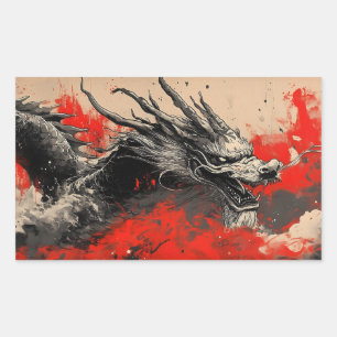 Sticker Rectangulaire Dragon chinois majestueux avec plaque d'encre roug