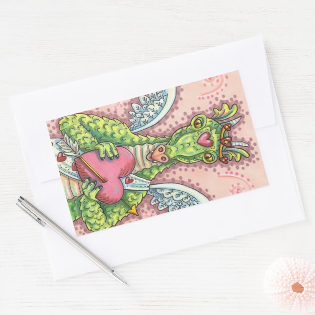 STICKER RECTANGULAIRE DRAGON CUPIDE, COEUR ET FLÈCHE IMAGINAIRE VALENTIN (Enveloppe)