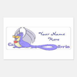 Sticker Rectangulaire Dragon Lecture d'un livre ex libris / bibliothèque