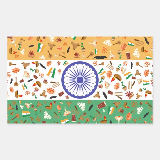 Sticker Rectangulaire Drapeau de l'Inde avec des objets culturels (Devant)