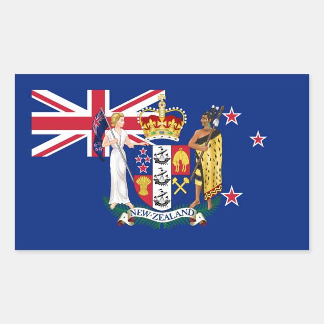 Sticker Rectangulaire Drapeau néo-zélandais et armoiries, Nouvelle-Zélan (Devant)
