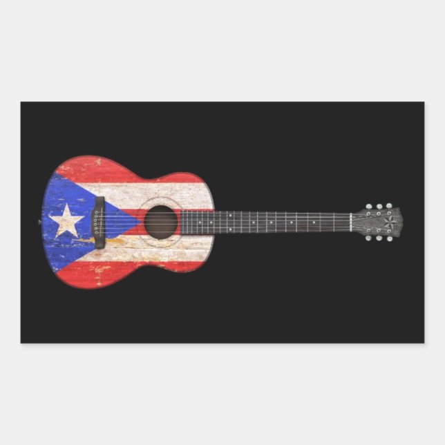 Sticker Rectangulaire Drapeau Porto Rico usé Guitare acoustique, noir (Devant)