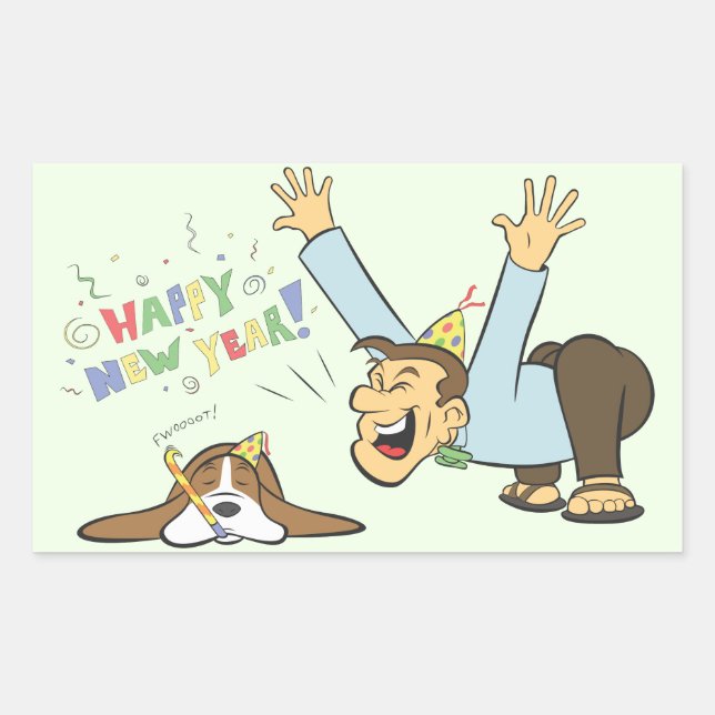 Sticker Rectangulaire Drôle Basset et homme fêtent le Nouvel An Cartoon (Devant)