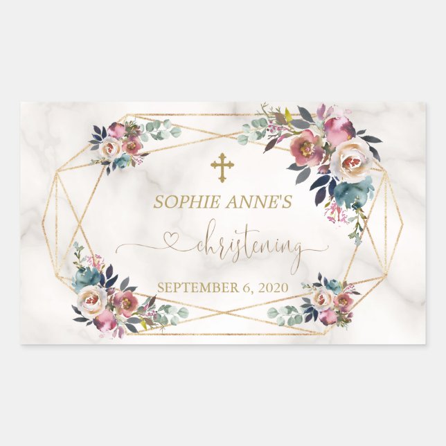 Sticker Rectangulaire Dusty Blue Misty Rose Fleurs or Christening (Devant)
