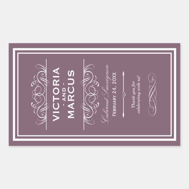 Sticker Rectangulaire Dusty Plum Élégant Mariage Monogramme Bouteille de (Devant)