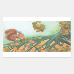 Sticker Rectangulaire Écureuils mignons mangeant des noisettes Illustrat