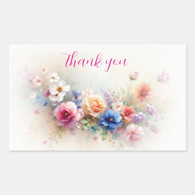Sticker Rectangulaire Élégant Art Fleurs Aquarelle Moderne Merci (Devant)