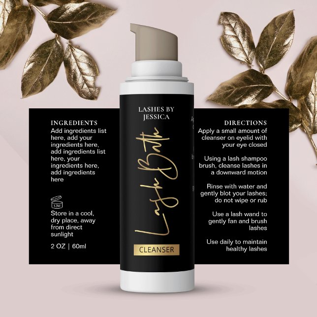 Sticker Rectangulaire Élégant Black Gold Lash Bain Cleanser Mousse (Elegant black and gold lash bath foam bottle wrap around label with ingredients & directions)
