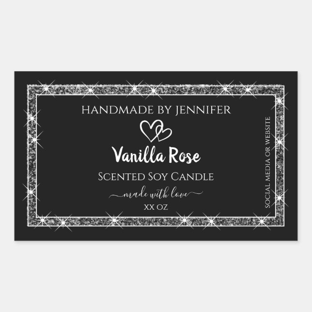 Sticker Rectangulaire Élégant Black Silver Parties scintillant étoiles É (Devant)