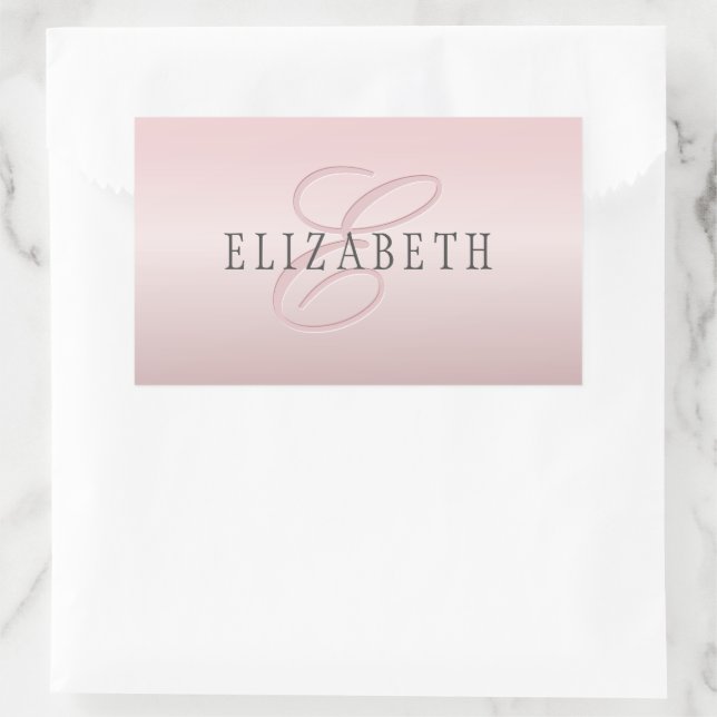 Sticker Rectangulaire Elégant Blush Faux Rose Gold | Nom et monogramme (Sac)