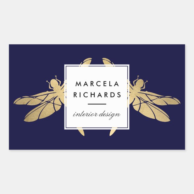 Sticker Rectangulaire Elégant Duo de libellules d'or Faux sur Dark Navy (Devant)