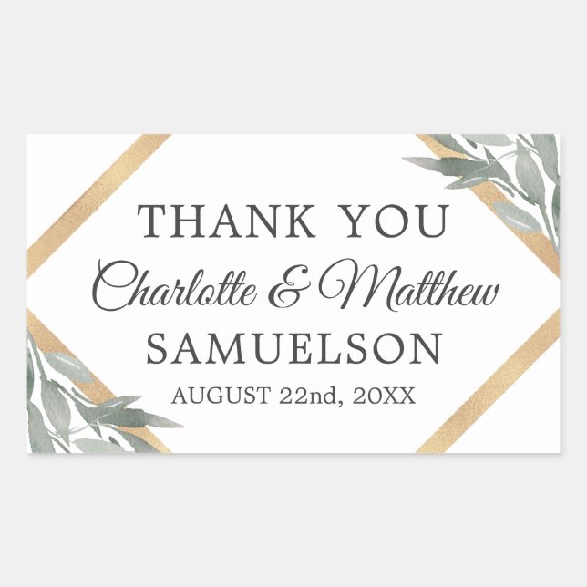 Sticker Rectangulaire Élégant Feuille Botanique Mariage or MERCI (Devant)