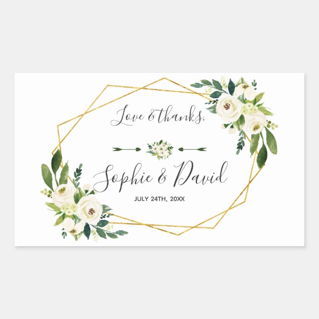 Sticker Rectangulaire Élégant Mariage de cadre blanc vert Floral Or (Devant)