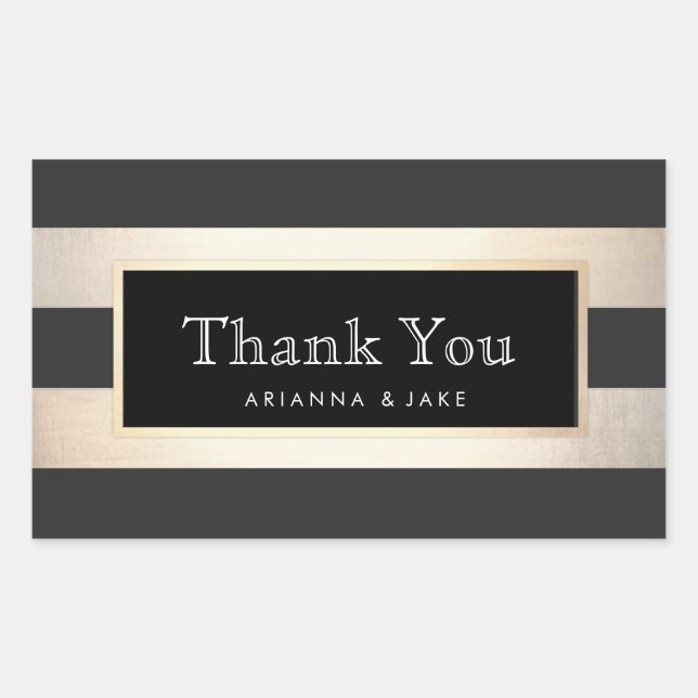 Sticker Rectangulaire Élégant Merci rayé Noir et FAUX Gold Foil (Devant)