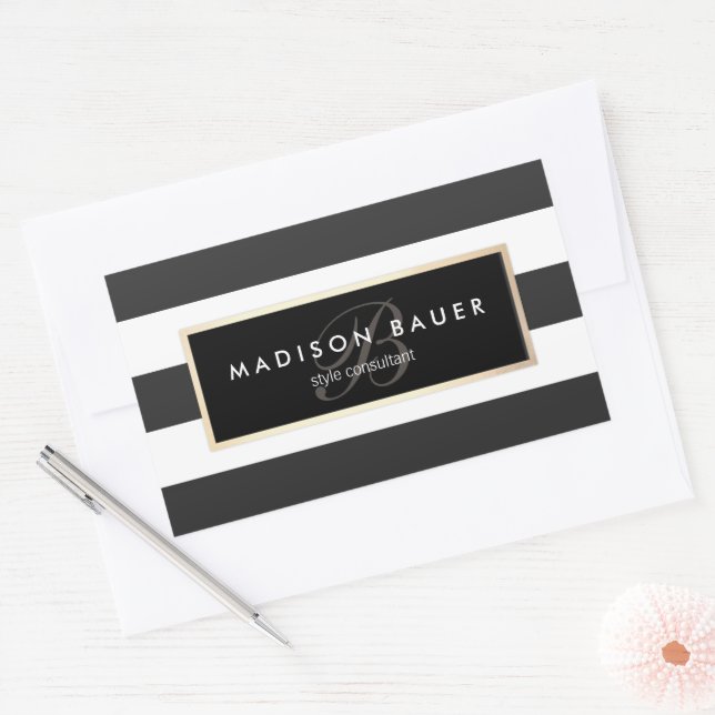 Sticker Rectangulaire Élégant Monogramme rayé noir et blanc (Enveloppe)