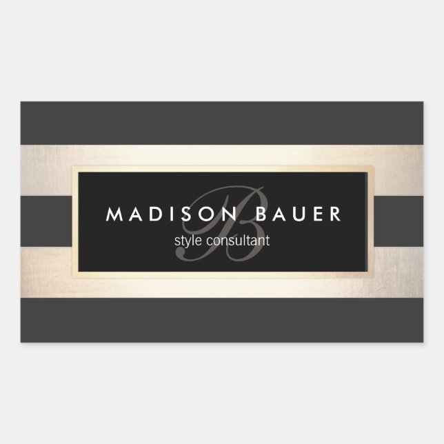 Sticker Rectangulaire Élégant monogramme rayé noir et FAUX Gold Foil (Devant)