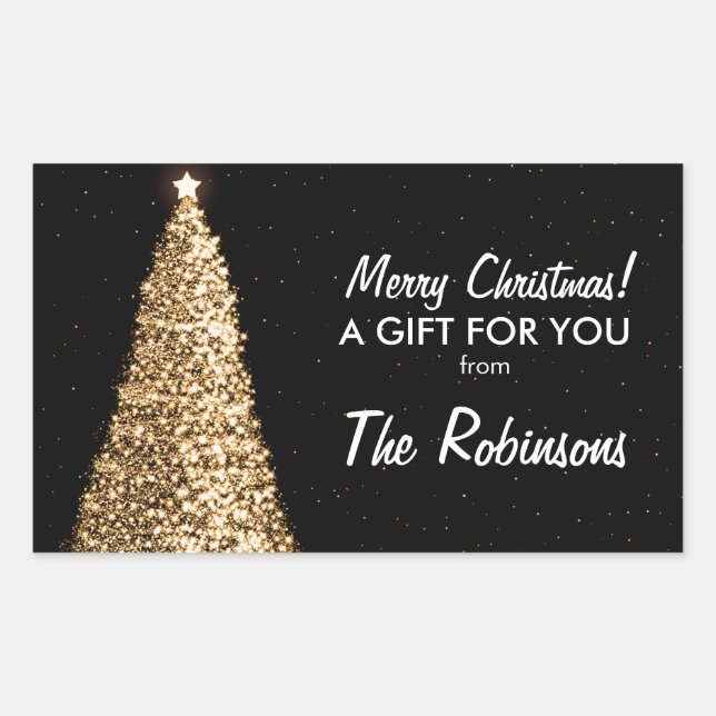Sticker Rectangulaire Élégant or Noël Arbre cadeau Balise noire (Devant)