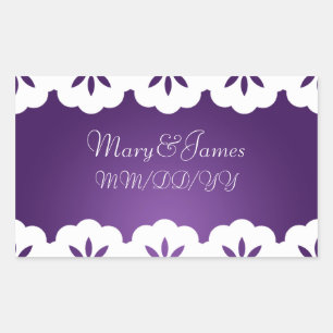 Sticker Rectangulaire Elégante Date de Mariage Blanche dentelle pourpre