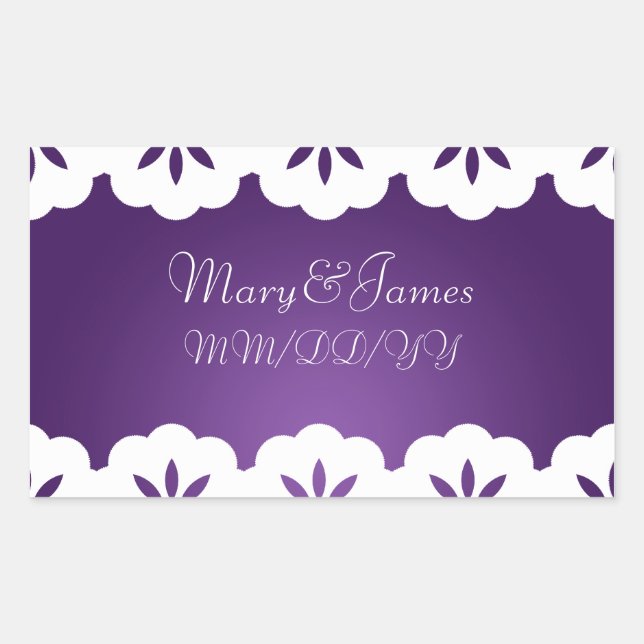 Sticker Rectangulaire Elégante Date de Mariage Blanche dentelle pourpre (Devant)
