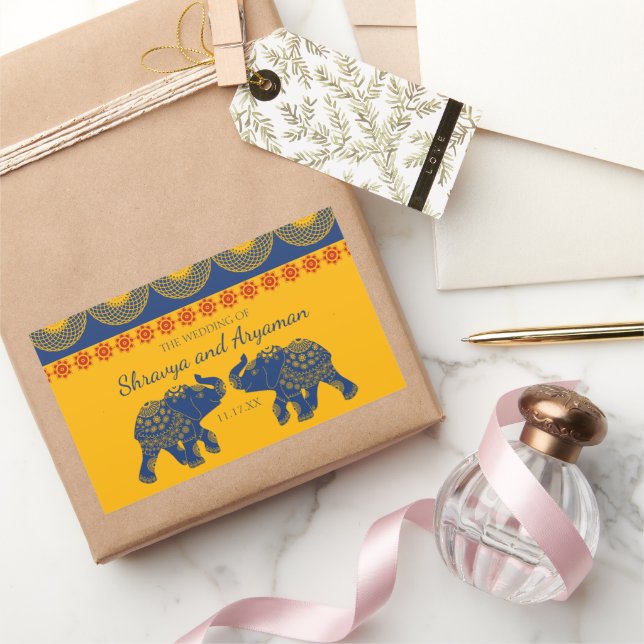 Sticker Rectangulaire Eléphants à thème indiens en Mariage bleu royal (Cadeaux)