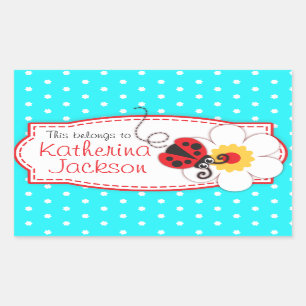 Sticker Rectangulaire enfant ladybug plaque d'identification nom aqua bl