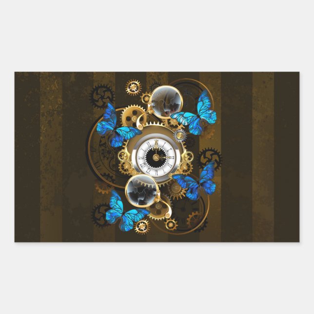 Sticker Rectangulaire Engrenages à vapeur et papillons bleus (Devant)