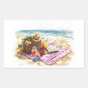 Sticker Rectangulaire Eté Plage Pique-nique Aquarelle Illustration - Vib