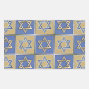 Sticker Rectangulaire Étoile de David Judaica Métal Or Bleu