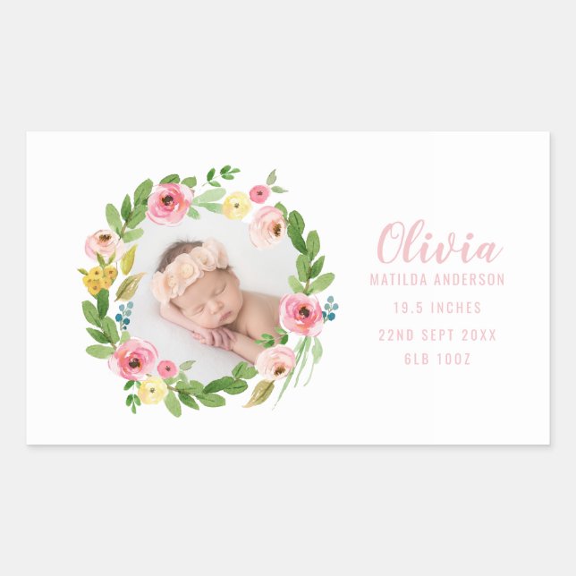 Sticker Rectangulaire Faire-part de naissance photo florale aquarelle (Devant)