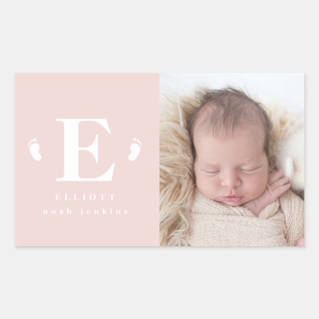 Sticker Rectangulaire faire-part de naissance photo monogramme pour bébé (Devant)