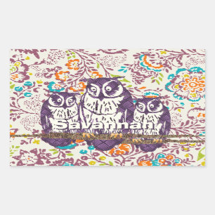 Sticker Rectangulaire Famille de hibou géométrique stylisée violet