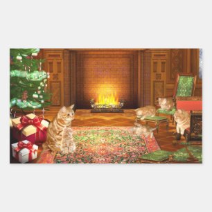 Sticker Rectangulaire Famille de Noël de chat tabby orange