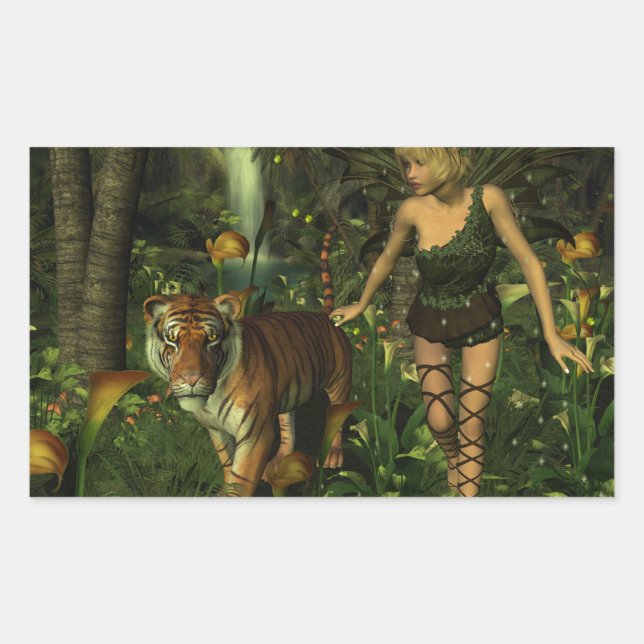Sticker Rectangulaire Fée et tigre dans la jungle (Devant)