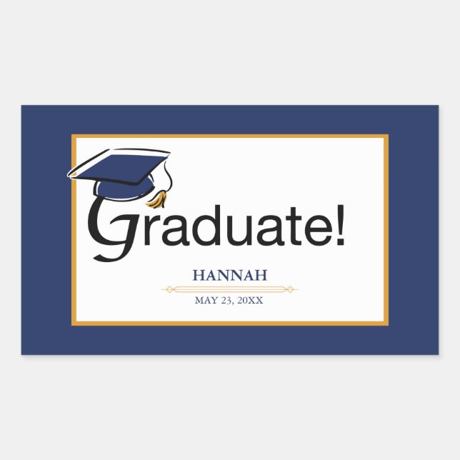 Sticker Rectangulaire Félicitations Diplômé, Casquette, Tassel, Bleu, Or (Devant)