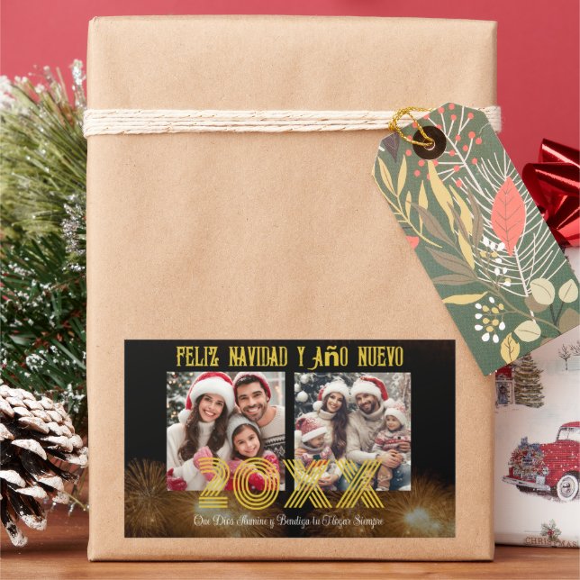 Sticker Rectangulaire Feliz Navidad y Año Nuevo Elegant Script Photo (vacances)