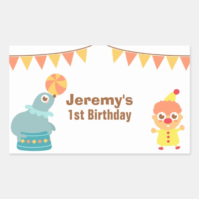 Sticker Rectangulaire Fête Anniversaire de enfant - Clown cirque et lion (Devant)