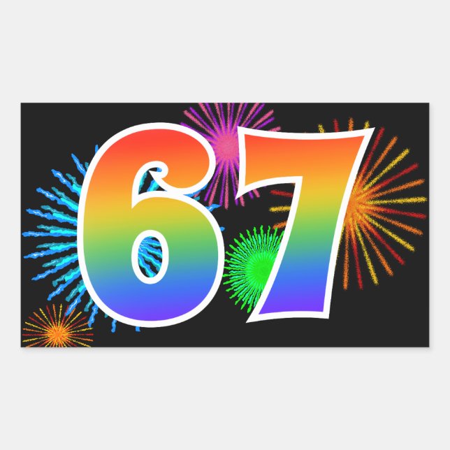 Sticker Rectangulaire Feu d'artifice amusant + motif arc-en-ciel Numéro  (Devant)