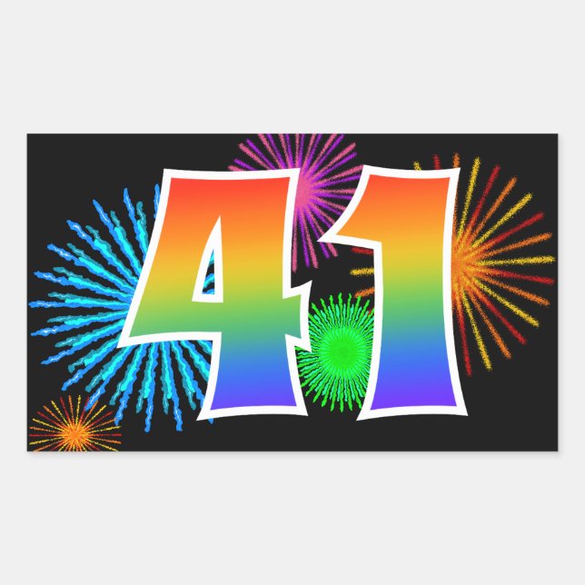 Sticker Rectangulaire Feu d'artifice amusant + motif arc-en-ciel Numéro  (Devant)