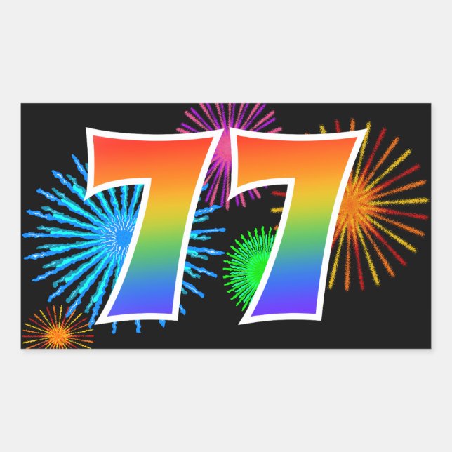 Sticker Rectangulaire Feu d'artifice amusant + motif arc-en-ciel Numéro  (Devant)