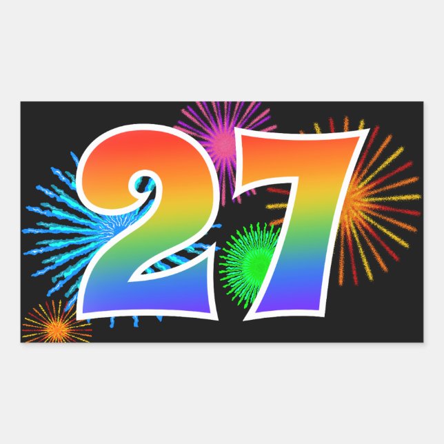 Sticker Rectangulaire Feu d'artifice amusant + motif arc-en-ciel Numéro  (Devant)