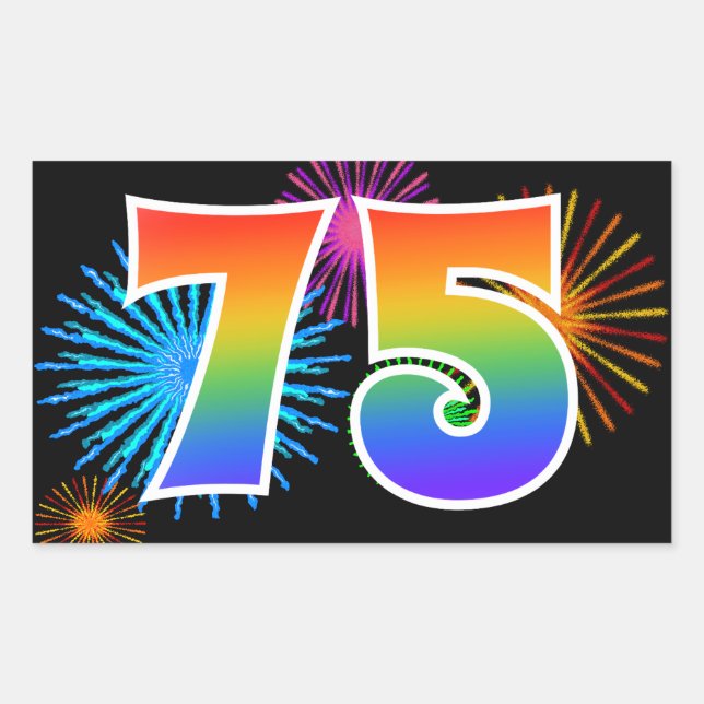 Sticker Rectangulaire Feu d'artifice amusant + motif arc-en-ciel Numéro  (Devant)