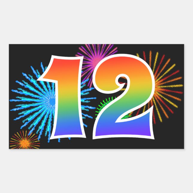 Sticker Rectangulaire Feu d'artifice amusant + motif arc-en-ciel Numéro  (Devant)